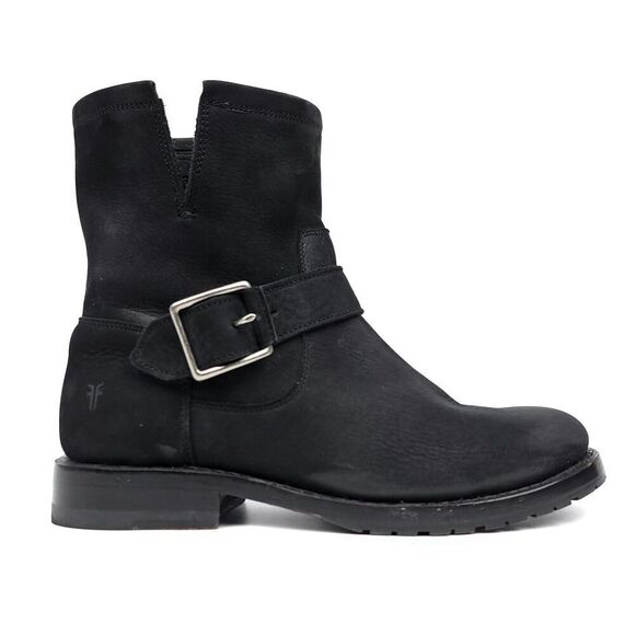 Frye Boots Natalie Short Engineer Boot Black Nubuck Leather Ankle Riding Booties - Picture 2 of 11